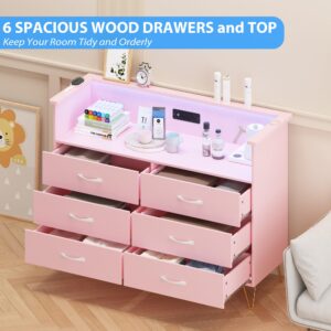 Patikuin Dresser for Bedroom with LED Light & Charging Station, 6 Drawers Wooden Dressers with Open Space, Modern Chest of Double Wide Drawers for Living Room, Entryway, Hallway TV Stand, Pink