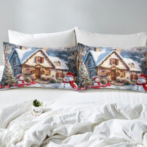 Manfei Christmas Duvet Cover Set Queen Size, Winter Snow Scenery Bedding Set for Kids Boys Girls Room Decor, Western New Year Comforter Cover, Soft Polyester Quilt Cover, 2 Pillowcases, No Comforter