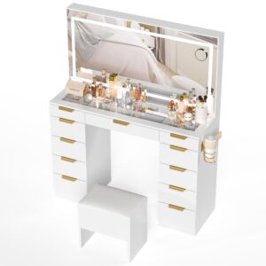 Pamapic 11 Drawers Vanity Desk with Golden Handles, Upgraded Silent Slides Vanity Mirror with Lights, 3 Lighting Modes Glass Top Makeup Vanity with Chair and Portable Mirror, Charging Station