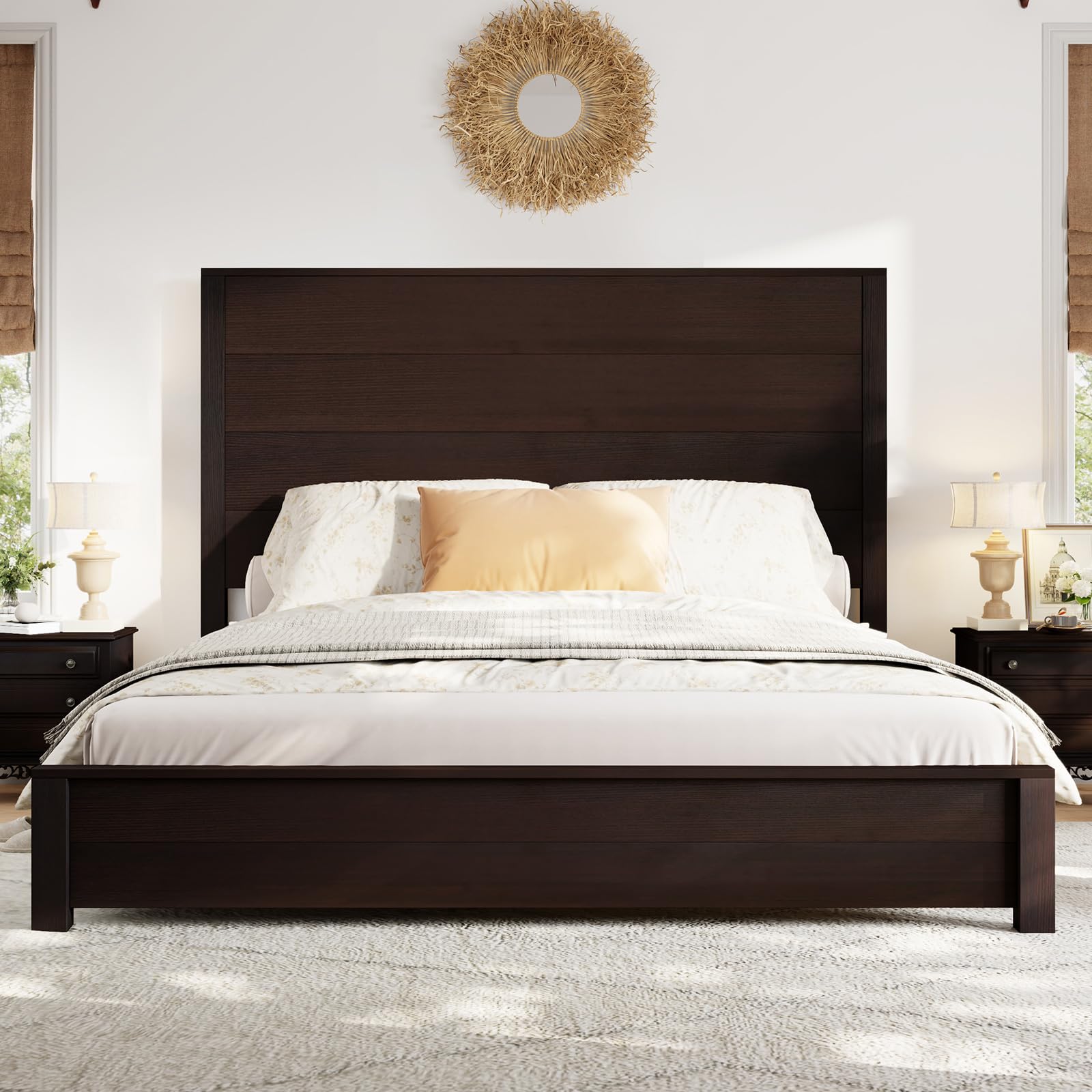 LUXOAK Queen Size Wood Platform Bed, Rustic Bed Frame with 51.2" Tall Slatted Headboard, Wooden Slats & Metal Support, No Box Spring Needed/Noise Free, Espresso