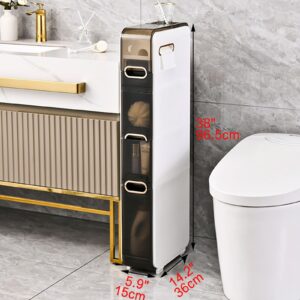 Bathroom Floor Storage Cabinet Narrow Organizer with Casters and Rubbish Bin - Slim Tower Side Corner Unit for Tiny Kitchen Laundry Living Room Toilet Gap Vertical Store Cart