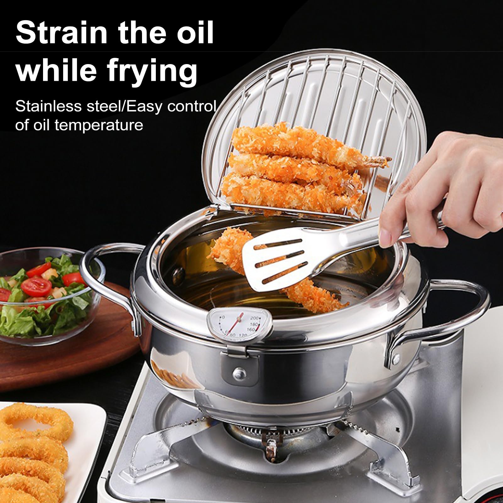 Stainless Steel Deep Fryer - Large Japanese Deep Fryer Pot - with Lid, with Thermometer & Oil Drip Drainer Rack for Kitchen Home Use (Stainless Steel, 20cm)