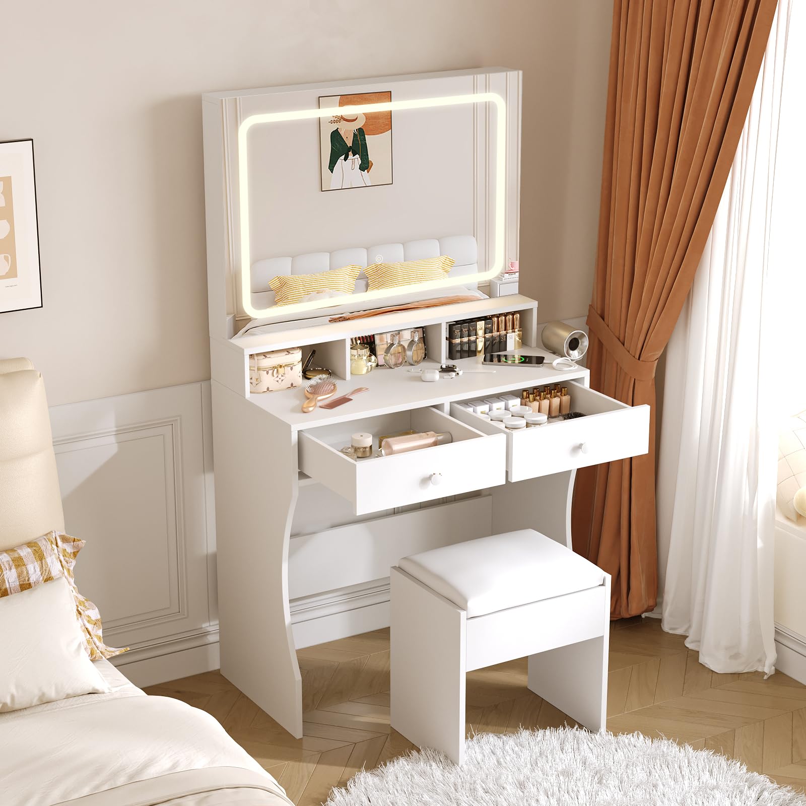 Fameill Vanity Desk with Mirror and Lights, White Makeup Vanity with 3 Color Lighting & 2 Large Drawers, Small Vanity with Charge Station and Stool, Vanity Set with Hidden Sliding Jewelry Cabinet