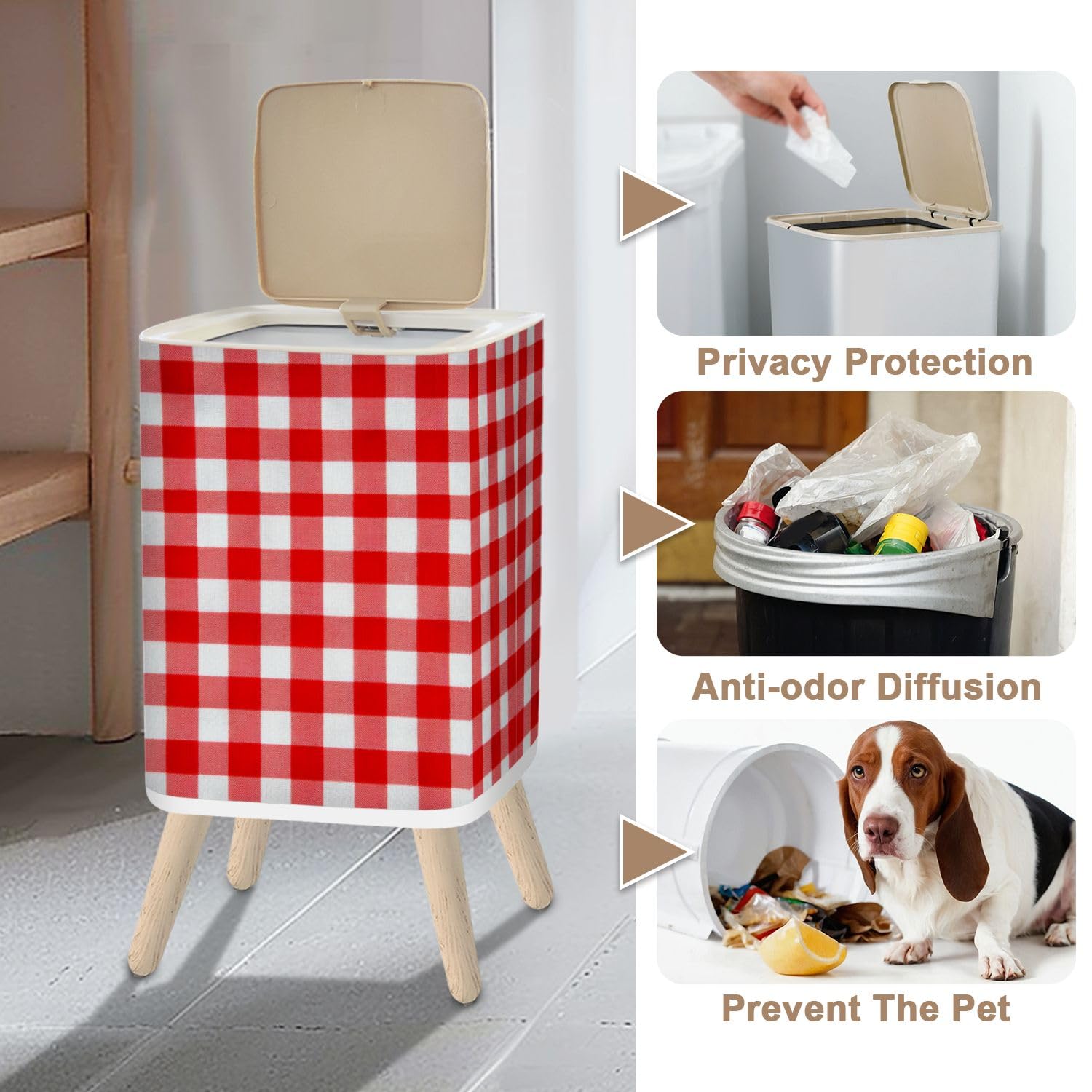 Small Trash Can with Lid Red Gingham Seamless Pattern Texture from Rhombus Squares for Plaid 2.6 Gallon/10L Garbage Can Waste Bin with Pop-Up Lid Wood Legs Wastebasket for Bathroom Kitchen Bedroom