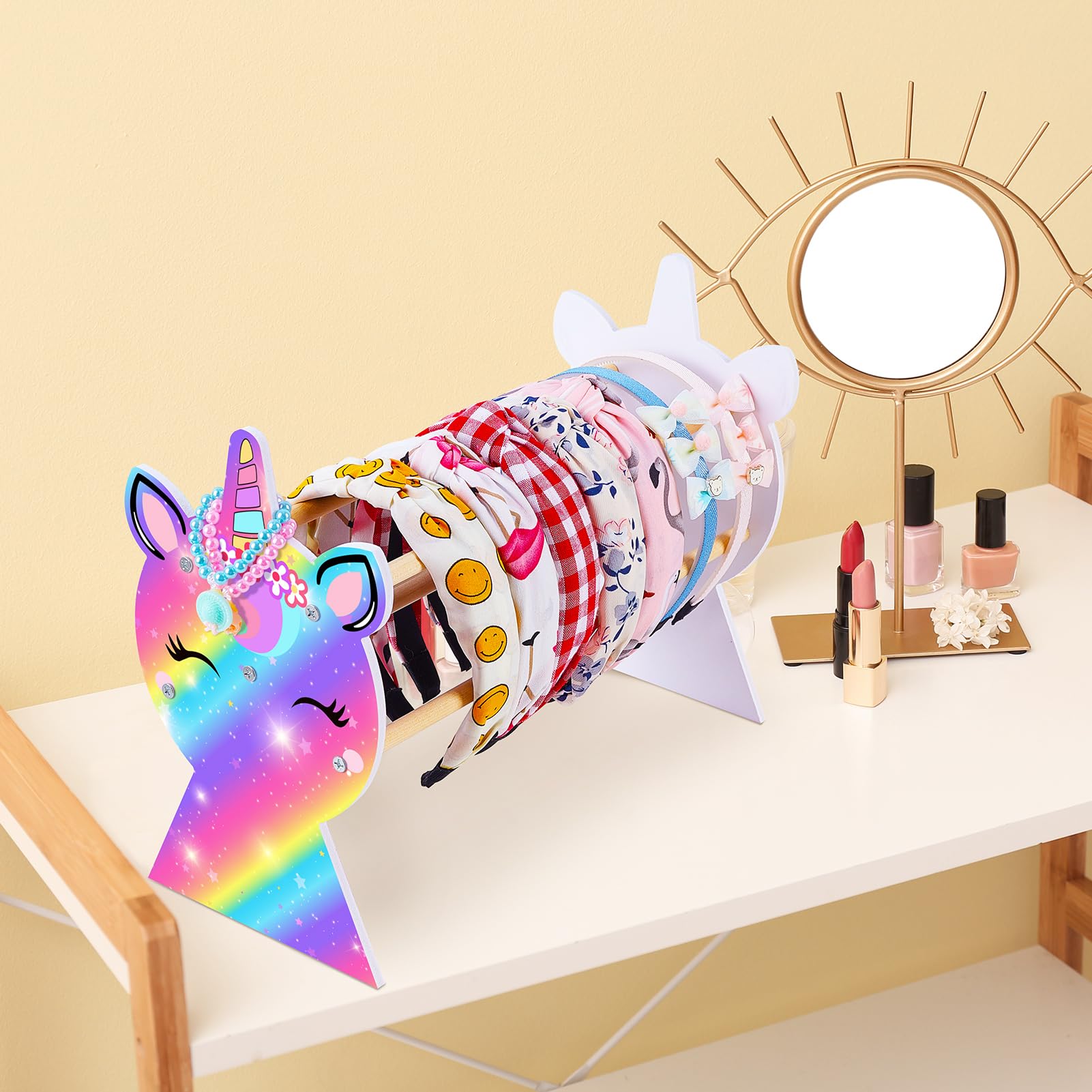 Basumee Girls Headband Holder Organizer Hair Hoop Headband Display Stand Unicorn Hairband Stand Organizer Headband Storage Home Room Decors for Girls, Deep Rainbow