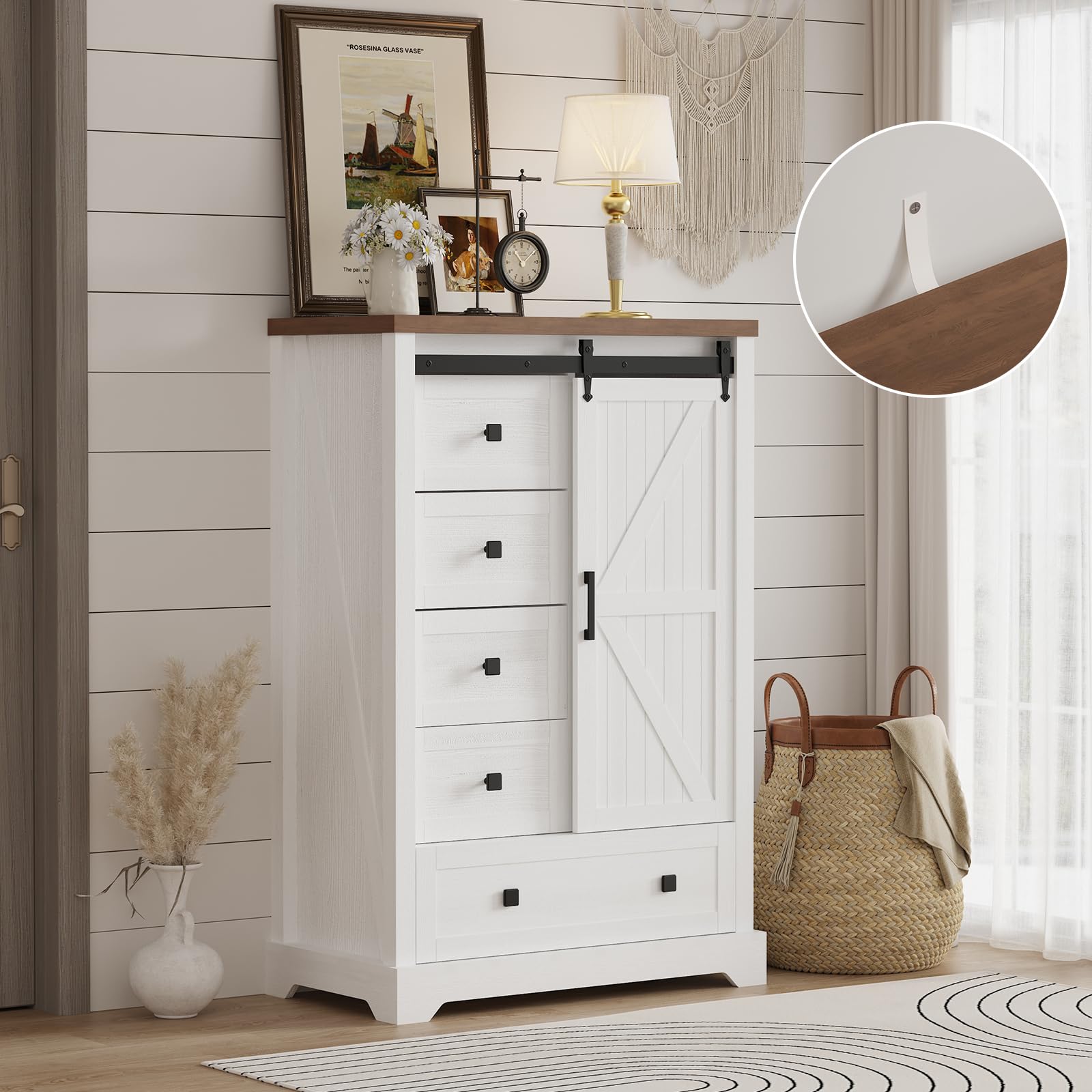 JoanKaren Modern 5 Drawers Dresser for Bedroom w/Sliding Barn Door, Farmhouse 48 Tall Dresser 5 Chest of Drawers,Storage Organizer Dresser for Bedroom, Hallway, Living Room, Kids Room,Entryway,White