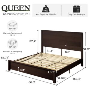 LUXOAK Queen Size Wood Platform Bed, Rustic Bed Frame with 51.2" Tall Slatted Headboard, Wooden Slats & Metal Support, No Box Spring Needed/Noise Free, Espresso