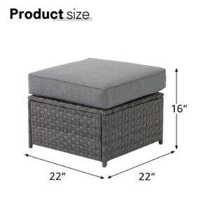 SUNSITT Outdoor Patio Ottoman Set of 2, All Weather Rattan Outdoor Ottoman Set, Grey Wicker Footstool Ottoman Footrest Seat w/Olefin Grey Cushions for Balcony, Porch and Deck