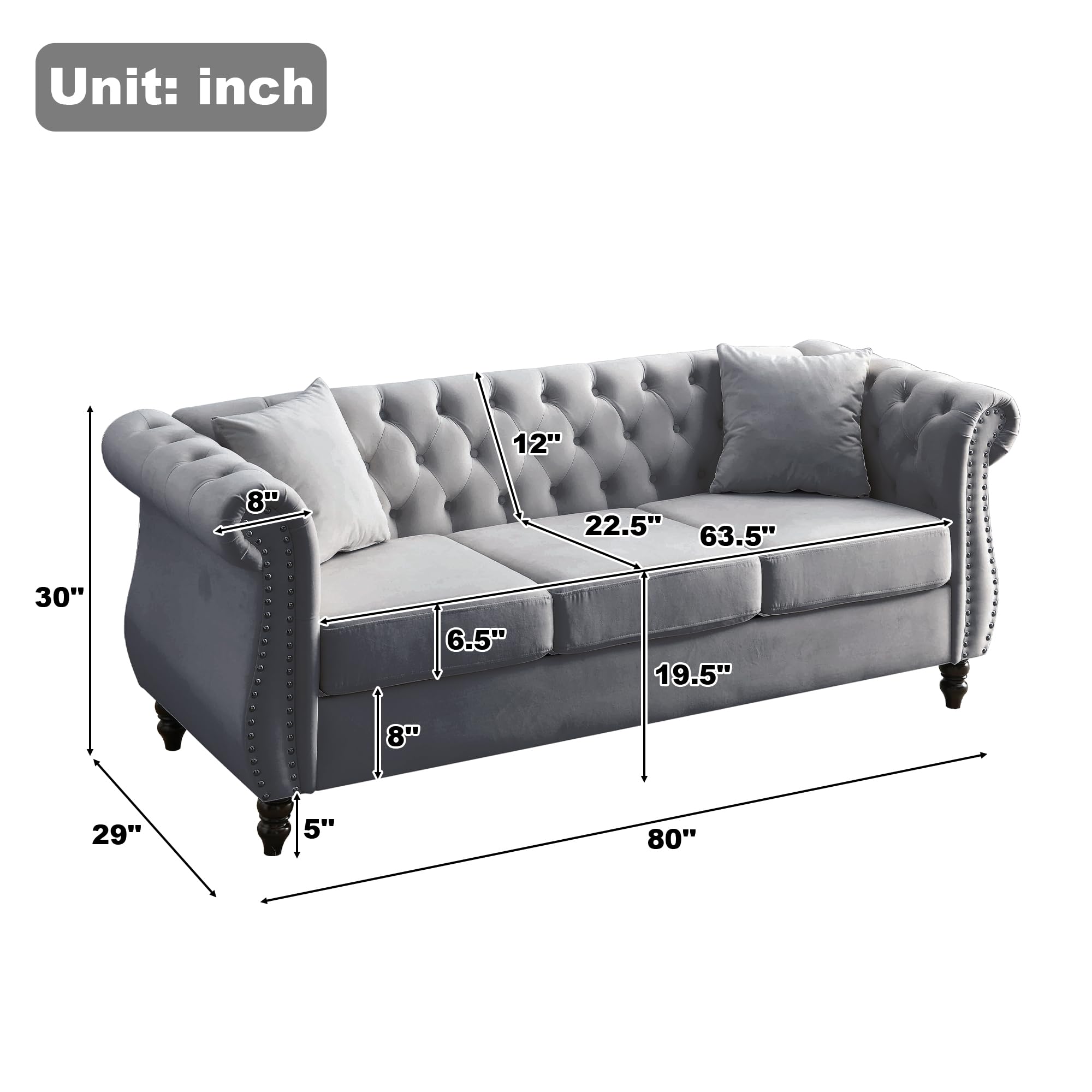 ATUMON 2 Piece Chesterfield Velvet 80“ 3-Seater and 59" Loveseat Sofa Set,Tufted Couch with 4 Pillows,Rolled Arms and Nailhead for Living Room, Bedroom, Office Grey