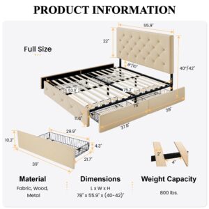 SHA CERLIN Upholstered Full Size Platform Storage Bed Frame with 4 Drawers, Adjustable Headboard with Diamond Button Tufted Design, Wooden Slat Support, No Box Spring Needed, Beige