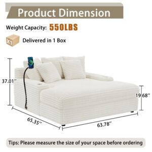 65.35" Oversized Chaise Lounge Chair for 2, Upholstered Sleeper Sofa Bed with Cup Holders | Charging Station | Removable Backrest | Backrest Pilow, Fluffy Chair Sofa Couch for Living Room, Beige