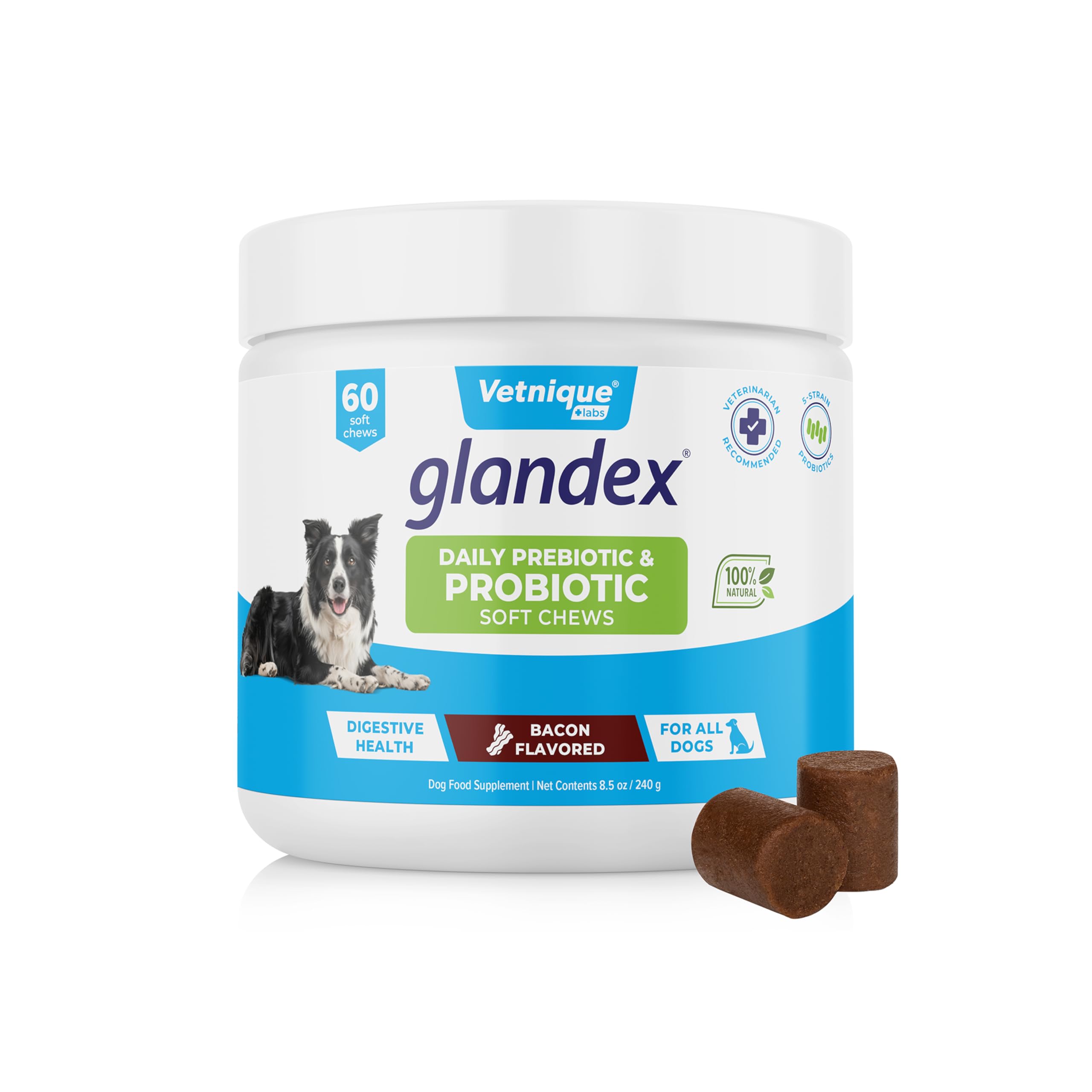 Glandex by Vetnique Daily Probiotics for Dogs with Prebiotics for Optimal Gut Health & Immune Support with Digestive Enzyme & Fiber All Natural Bacon Flavor Soft Chews (60ct Soft Chews)