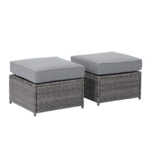 SUNSITT Outdoor Patio Ottoman Set of 2, All Weather Rattan Outdoor Ottoman Set, Grey Wicker Footstool Ottoman Footrest Seat w/Olefin Grey Cushions for Balcony, Porch and Deck