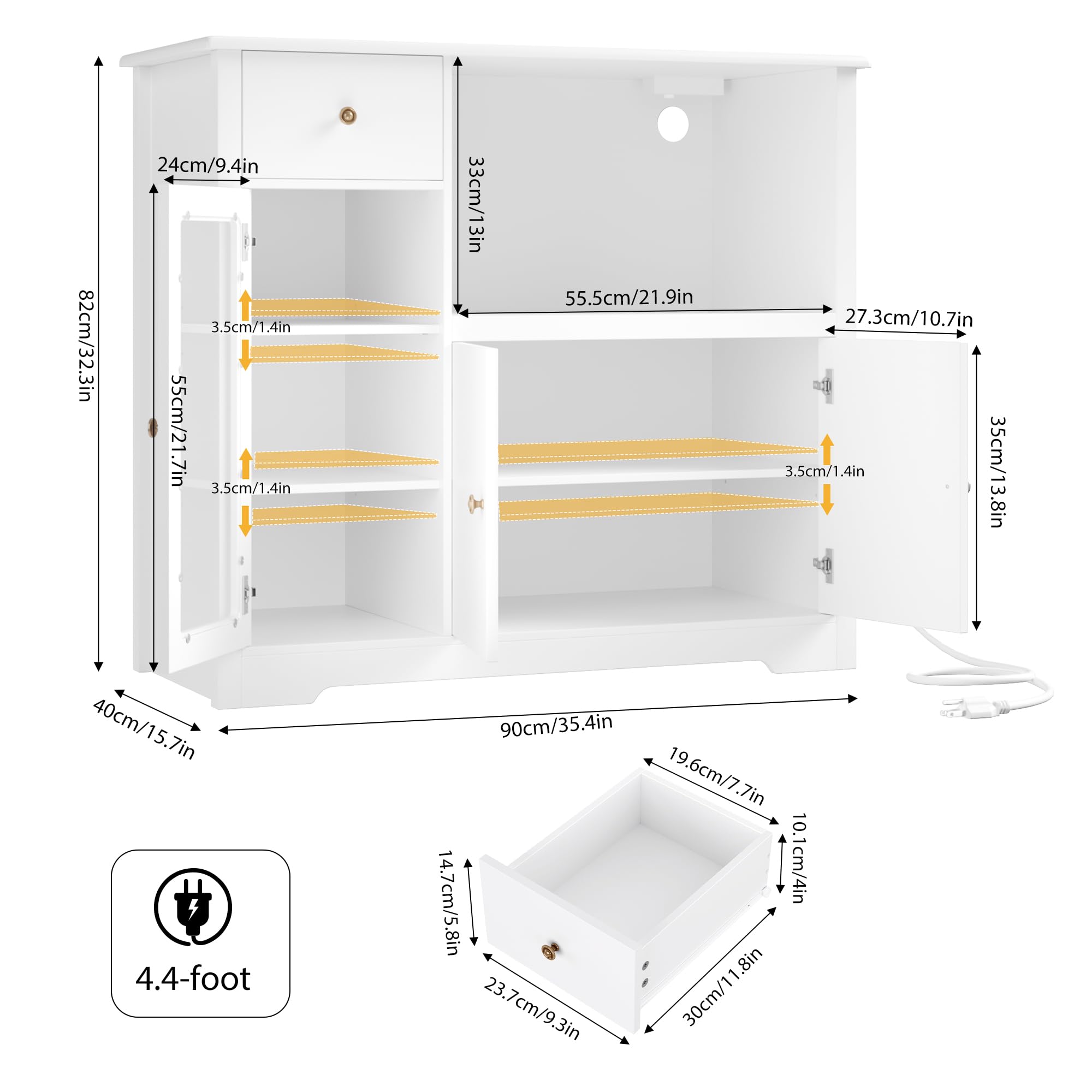 HORSTORS Microwave Cabinet with Charging Station, Kitchen Storage Cabinet with Microwave Stand, Adjustable Shelves, Modern Buffet Sideboard Cabinet, Wood Coffee Bar for Dining Room, Living Room, White