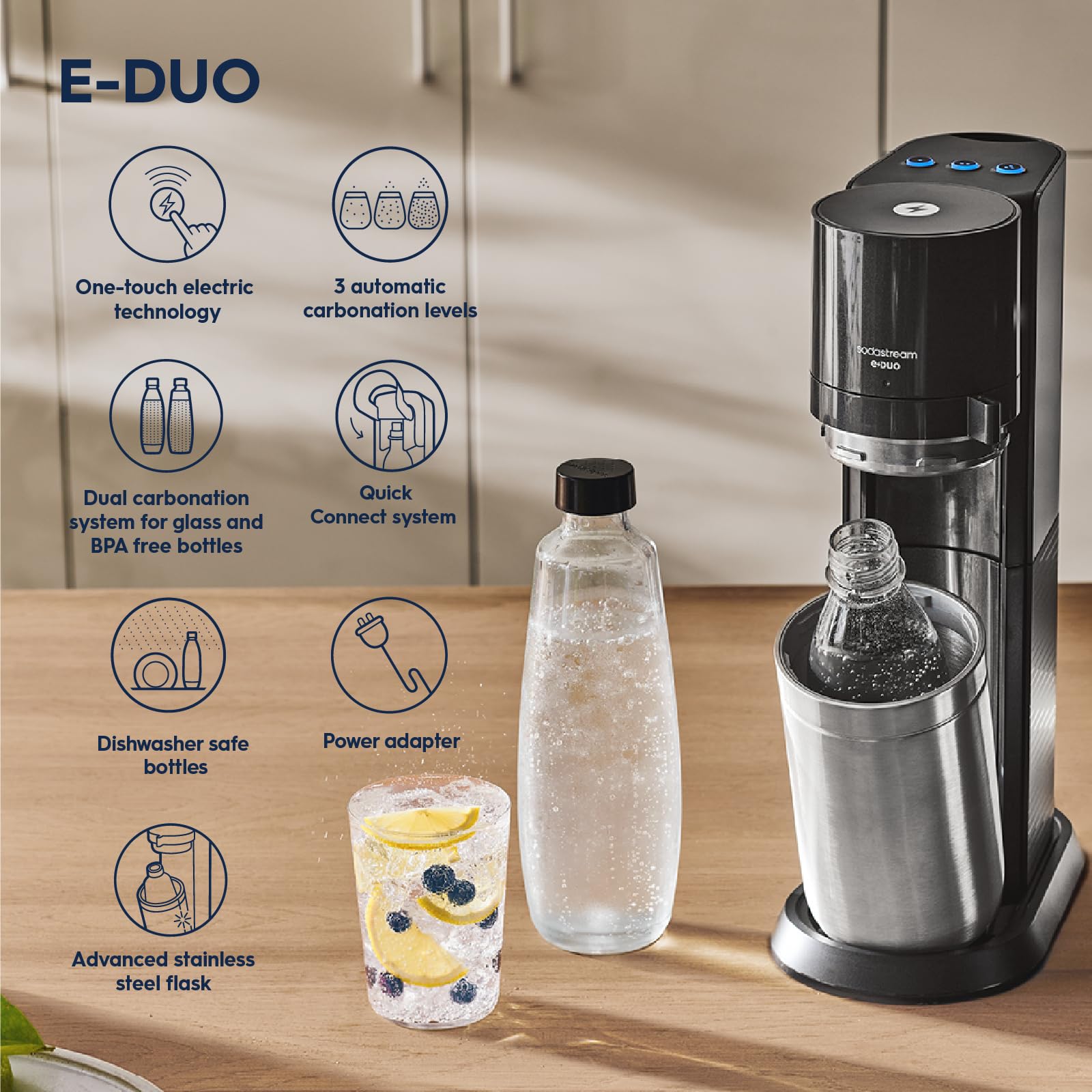 SodaStream E-Duo Sparkling Water Maker (Black) with CO2, Carbonating Bottle and Glass Bottle