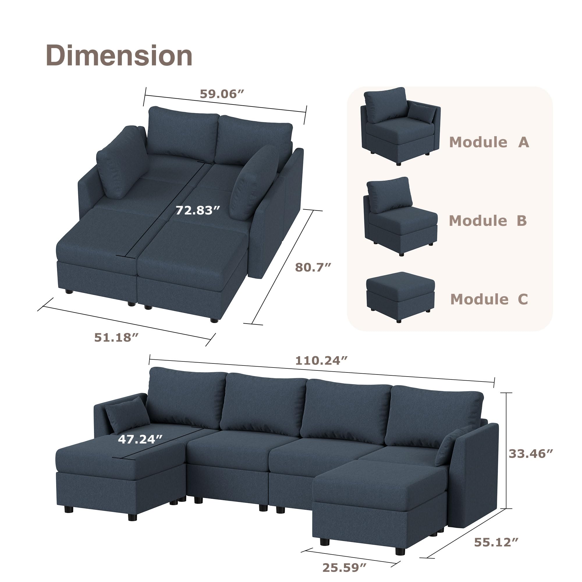 Huatean Home Modular Sectional Sofa, 6 Seat Modular Couch with Storage, Memory Foam, Convertible Sectional Couches for Living Room, U Shaped Comfy Modular Sofa with Chaise, Dark Grey