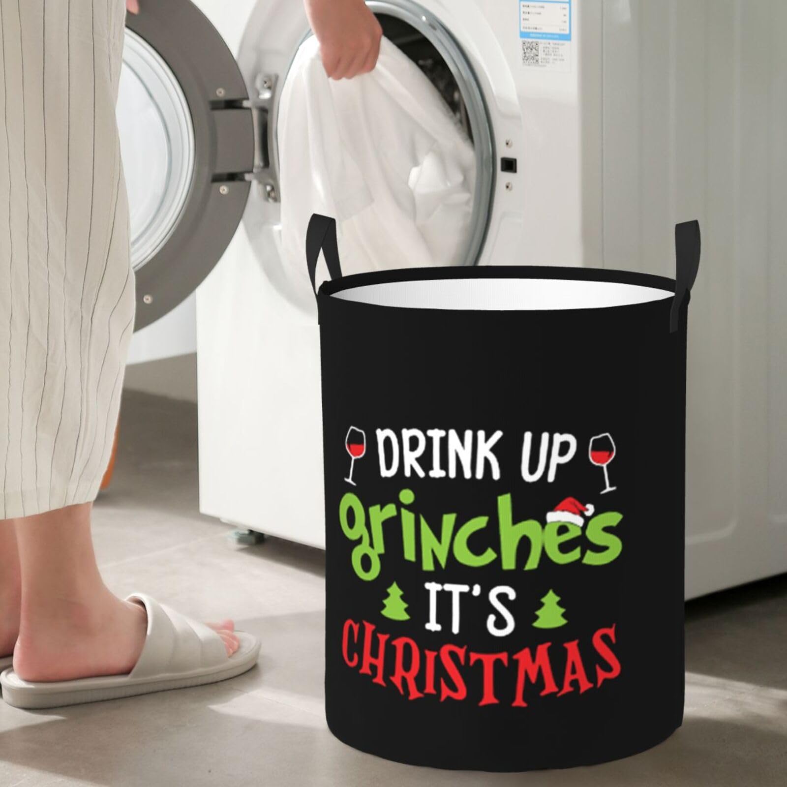 Drink Up Grinches It S Christmas Laundry Basket Round Portable Storage Box Organizer Laundry Basket Portable Laundry Organizer Laundry Basket