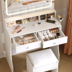 Fameill Vanity Desk with Mirror and Lights, White Makeup Vanity with 3 Color Lighting & 2 Large Drawers, Small Vanity with Charge Station and Stool, Vanity Set with Hidden Sliding Jewelry Cabinet