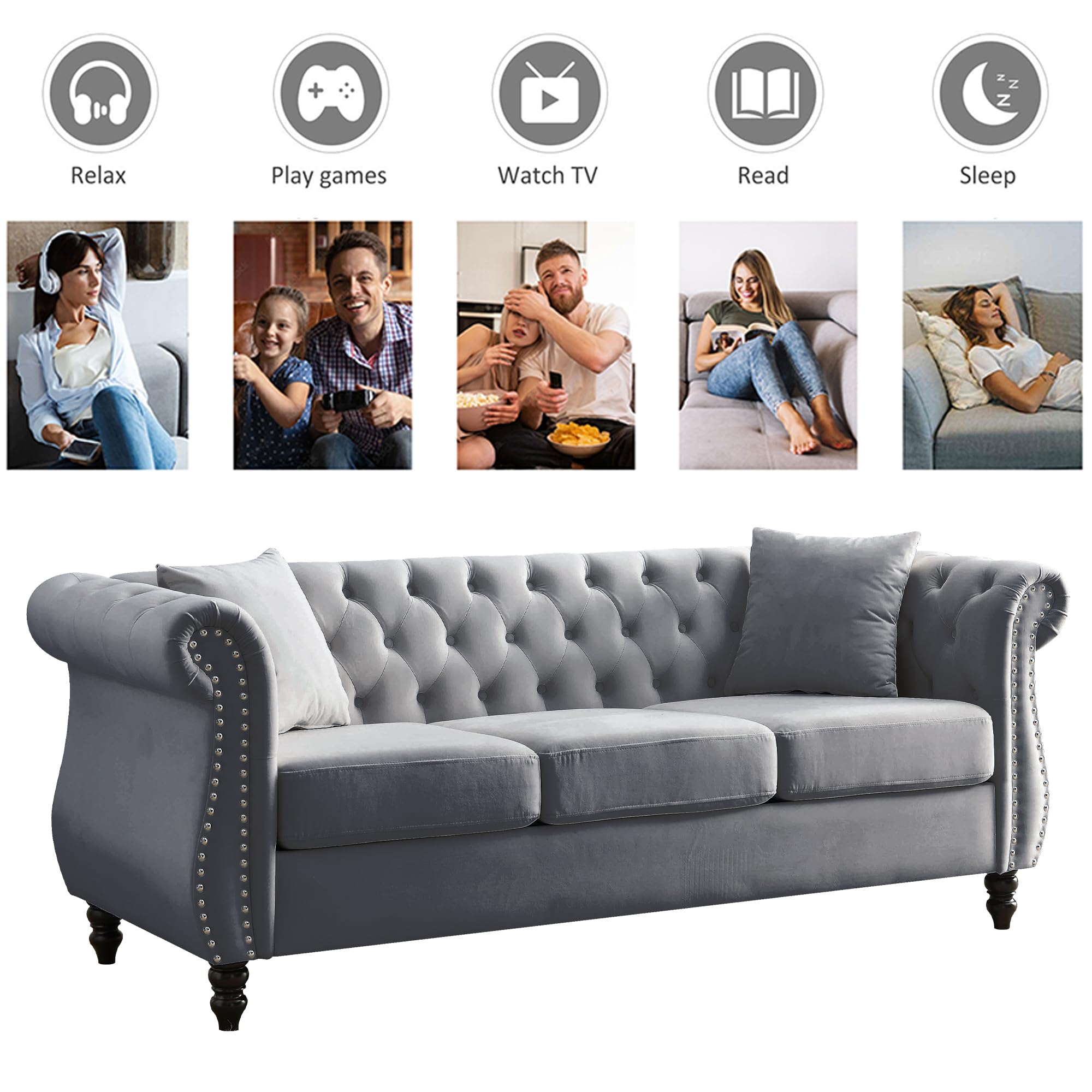 ATUMON 2 Piece Chesterfield Velvet 80“ 3-Seater and 59" Loveseat Sofa Set,Tufted Couch with 4 Pillows,Rolled Arms and Nailhead for Living Room, Bedroom, Office Grey