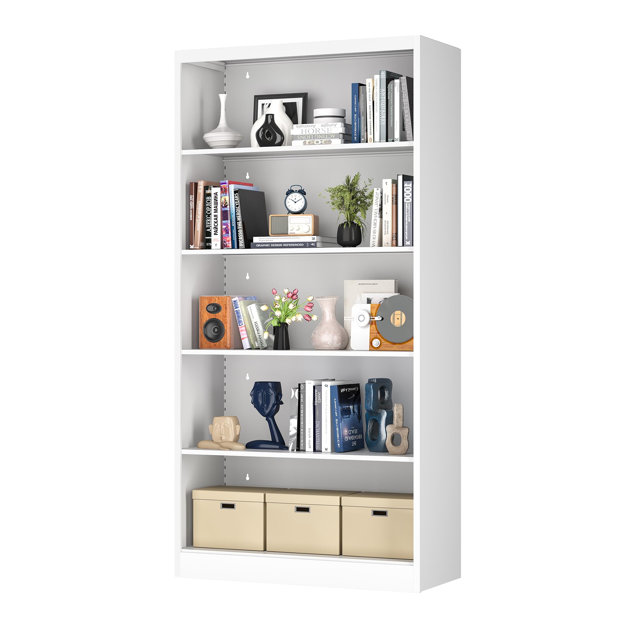 LyAosdFu Metal Bookcase, 14" Deep Bookshelf, 66" Tall Bookcases with Adjustable Shelves, 5 Shelf Bookcase, Industrial Bookshelves and Bookcases for Living Room, Office, Library. White Book Shelf.