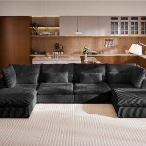 Cloud Oversized Modular Sofa, 160" Corduroy Wide Seat Sectional with Reversible Chaise, Shaped Couches Modern Comfy Fluffy Cushion Sleeper Sofa Bed with Convertible Ottoman for Living Room 6 Seater