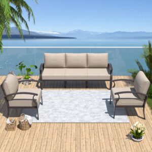 rwnnad patio furniture set 3-piece aluminum sectional sofa with armrest, modern outdoor conversation set 5 seats, outdoor chairs with thick cushion, sand