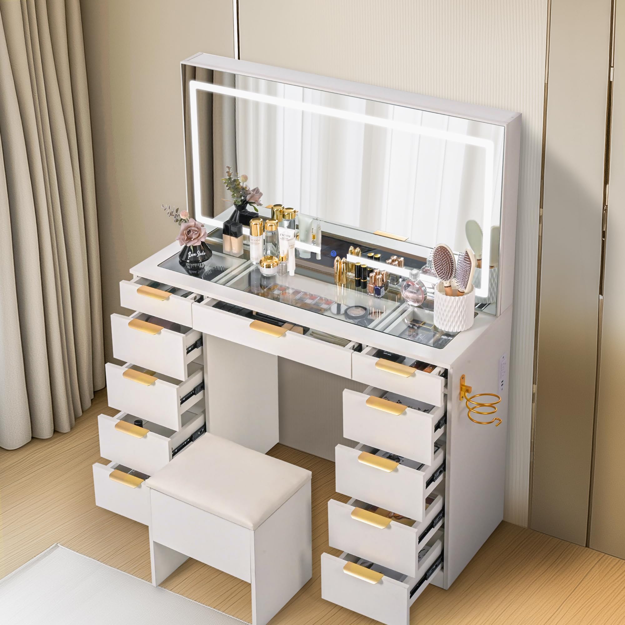 Pamapic 11 Drawers Vanity Desk with Golden Handles, Upgraded Silent Slides Vanity Mirror with Lights, 3 Lighting Modes Glass Top Makeup Vanity with Chair and Portable Mirror, Charging Station