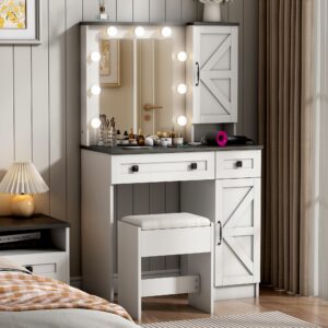 31.5" makeup vanity desk with mirror and light, farmhouse vanity with 2 drawer&power outlet, 3 color lighting modes, bedroom vanity desk for girls, women