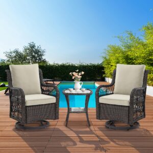 coucheta 3 pieces outdoor wicker swivel chair set, swivel rocking chairs set of 2 with rattan side table, 360-degree swivel rocking chair for patio porch pool