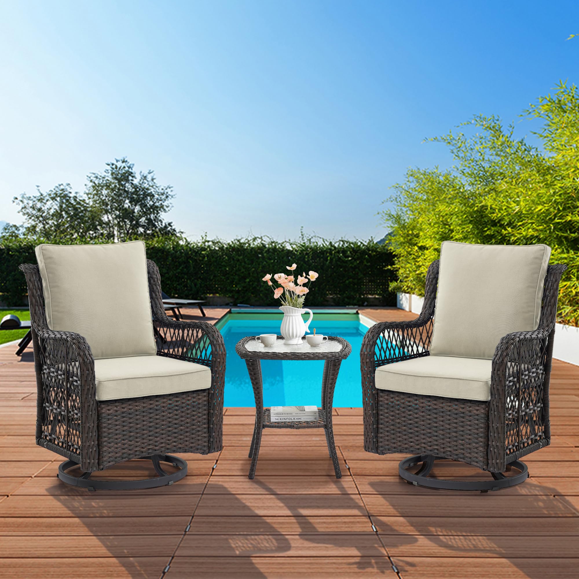 coucheta 3 Pieces Outdoor Wicker Swivel Chair Set, Swivel Rocking Chairs Set of 2 with Rattan Side Table, 360-Degree Swivel Rocking Chair for Patio Porch Pool