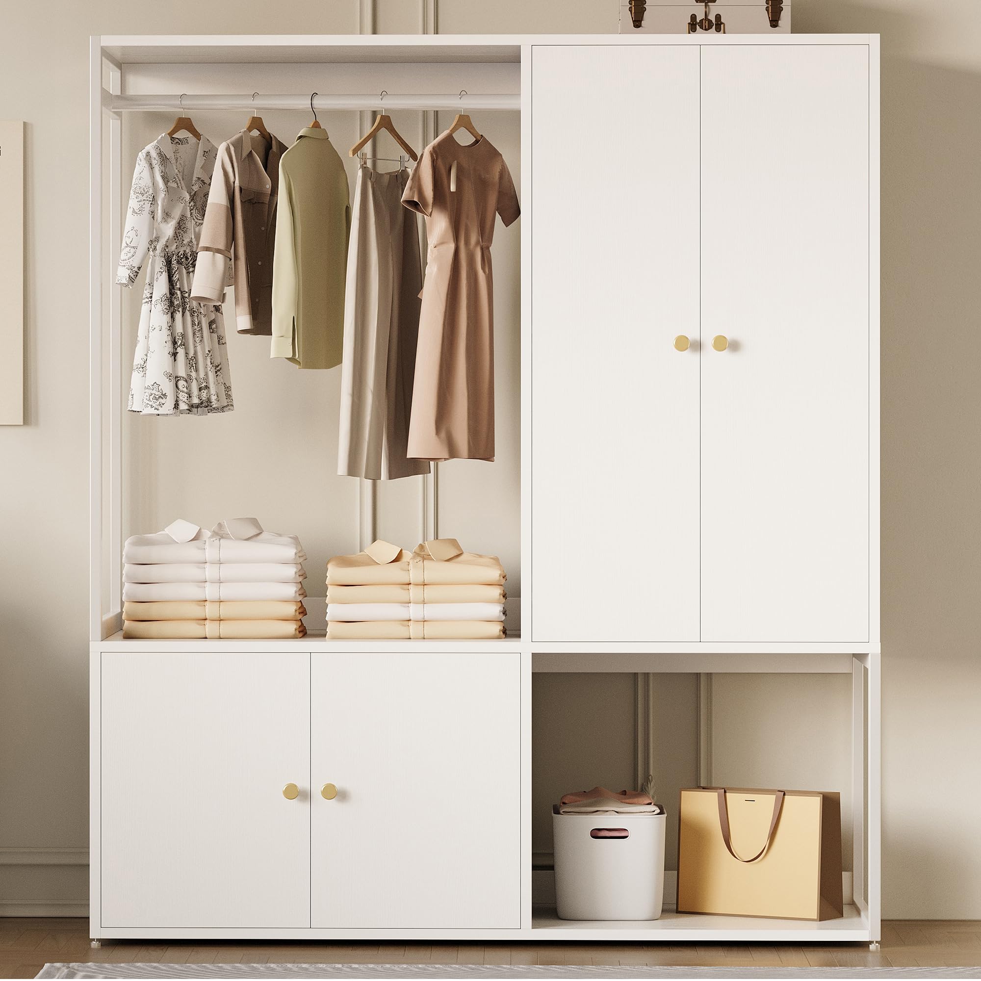 LIKIMIO Wardrobe Closet, White Cabinet with Shelves, Large Armoire Clothing Storage with Hanging Rod for Bedroom, Living/Laundry Room