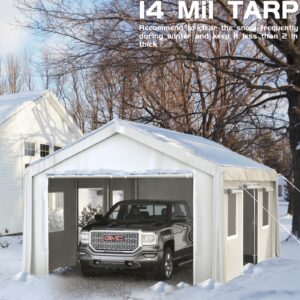 KYBOLT 13 x 20 Ft Heavy-Duty Carport, Portable Garage, 180g PE Waterproof Canopy and 8 x 1.0 mm Poles for Full-Size Pickup Trucks, Boats, and SUVs - White