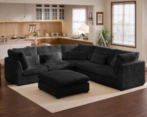 cloud oversized modular sofa, 120" corduroy wide seat sectional with reversible chaise, shaped couches modern comfy fluffy cushion sleeper sofa bed with convertible ottoman for living room 5 seater