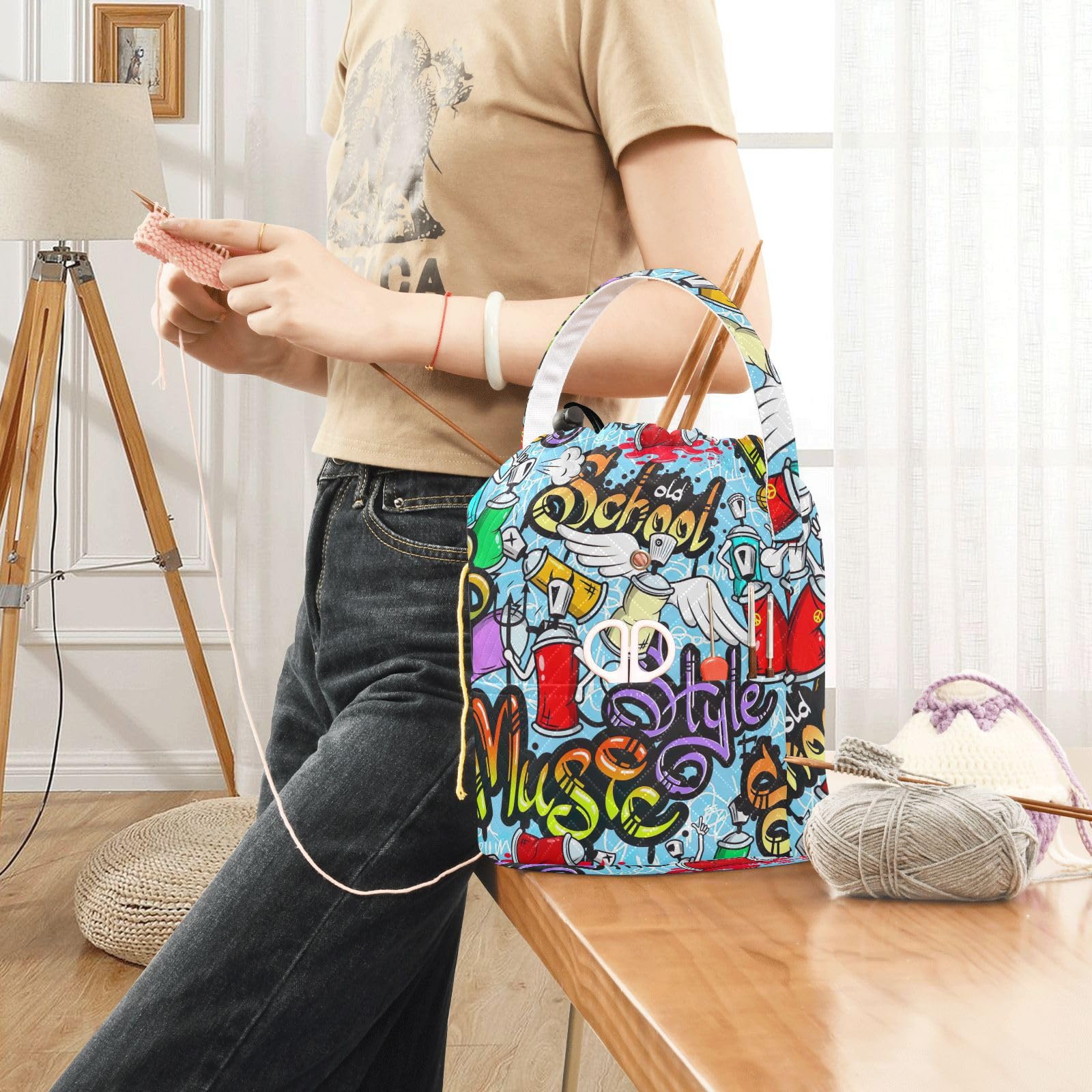 Graffiti Vibes Blue Yarn Storage Organizer,Knitted Yarn Bag,Home Storage,Gifts for Crocheters,Portable Storage Bag