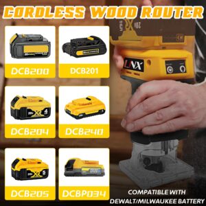 800W Cordless Wood Router Compatible With Dewalt 20V Battery,byczone 30000RPM Brushless Motor Router Attach 12PCS 1/4" Router Bits,6 Speeds Hand Trim Router,(NO Battery)