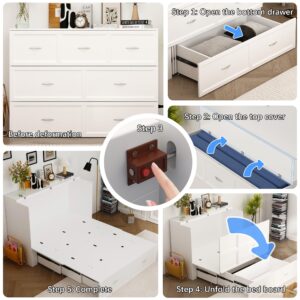 ECACAD Multi-Functional 2-in-1 Murphy Cabinet Bed, Full Size Bed Frame Murphy Bed Chest with Built-in Power Strip & 3 Drawers, Full Foldable Platform Bed, White