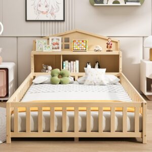 mirightone full house bed with storage headboards and blackboards,versatile full size platform beds with guard rails,solid wood floor bed frame for kids,natural