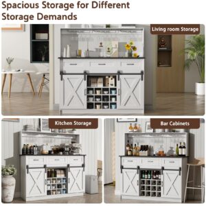 Pipleo 52" Farmhouse Coffee Bar Cabinet with Storage, Wine Bar Cabinet with 9 Glass Holders and 12 Grid Wine Racks, Wood Buffet Cabinet with Sliding Barn Doors for Kitchen Dinning Room, Antique White