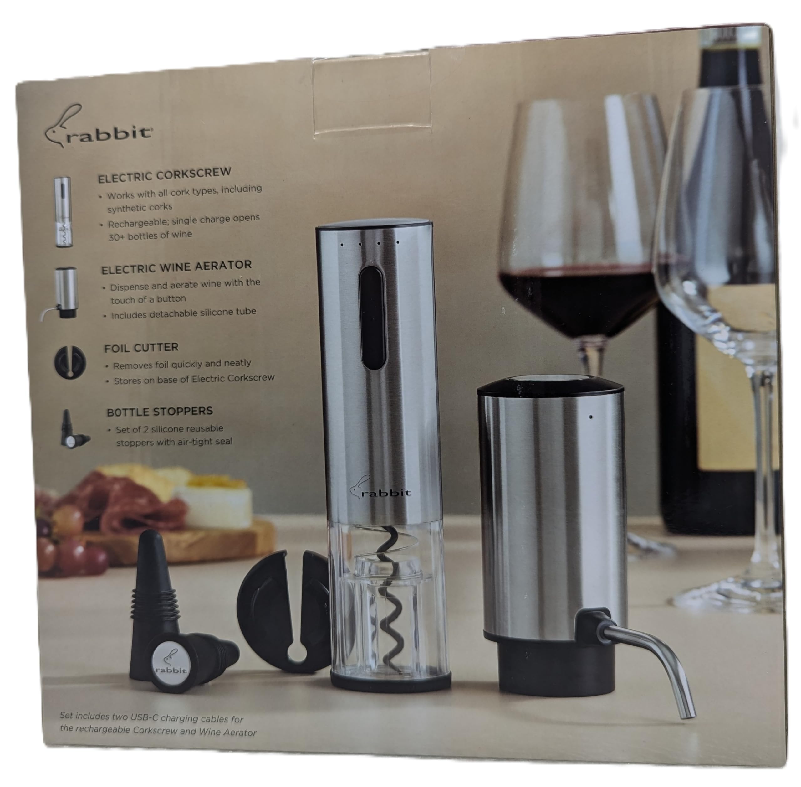 Rabbit Electric Wine Tool Set - 5-Piece Wine Accessory Collection - Aerator, Corkscrew, Cutter, Stoppers, Charging Cables