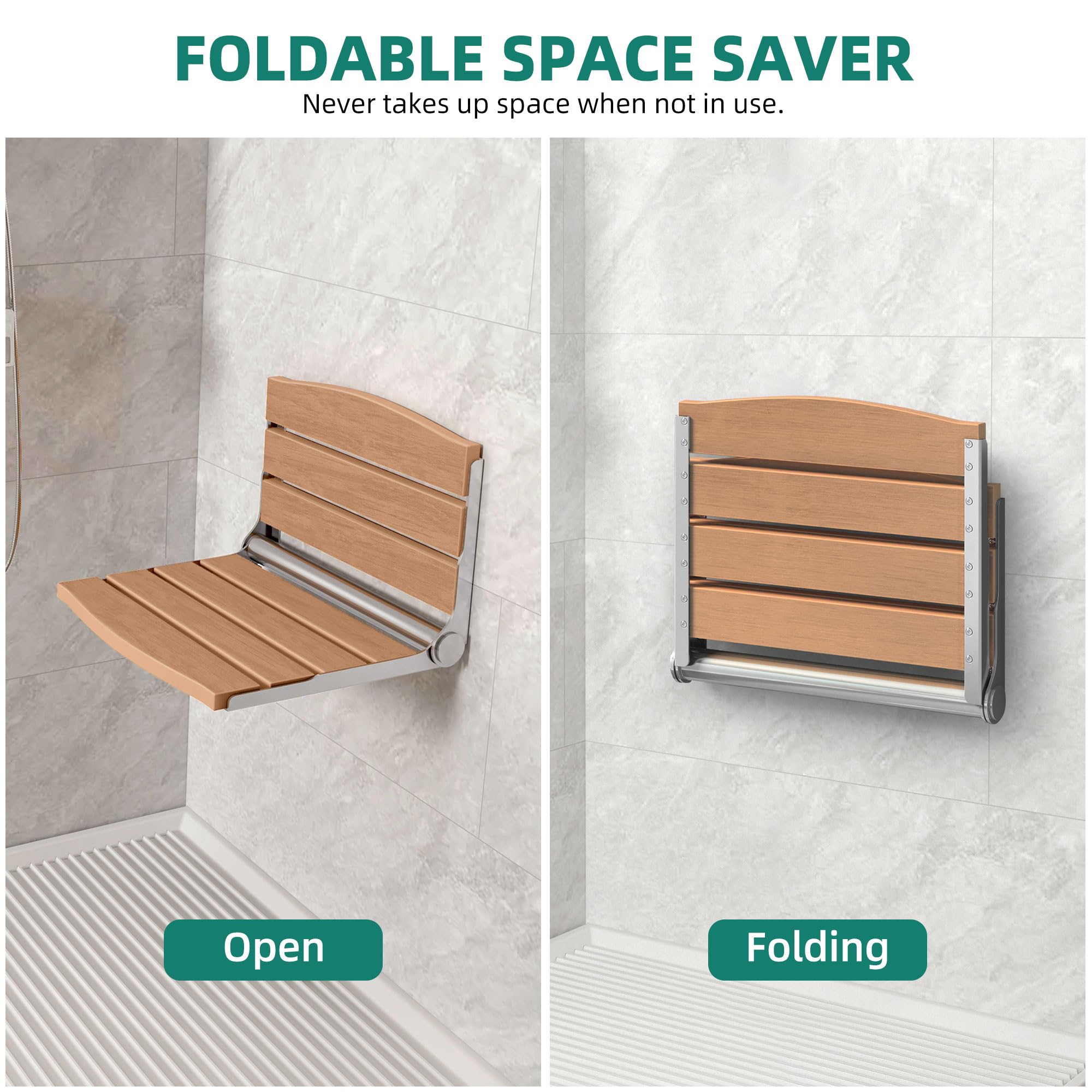 YITAHOME Shower Bench Folding Shower Seat Wall Mounted Foldable Shower Chair, Stainless Steel Frame for Inside Shower, Home Care (Teak)