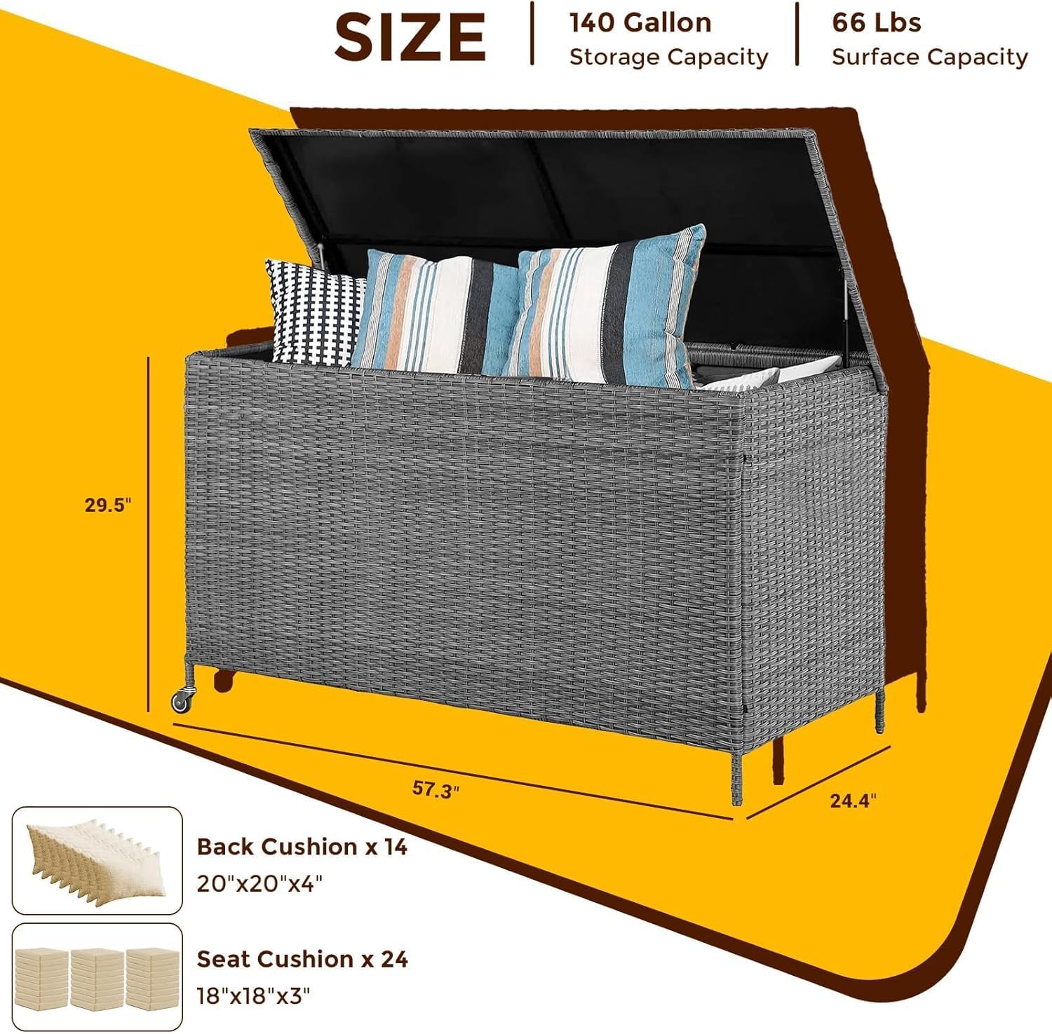 GarveeHome 120 Gallon Large Deck Box, Built-In Handles Patio Storage Box for Storage With Wheels, Rattan Waterproof Outdoor Bins for Cushions, Patio Furniture, Garden Tools