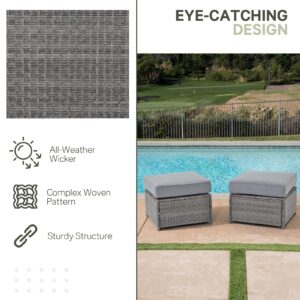 SUNSITT Outdoor Patio Ottoman Set of 2, All Weather Rattan Outdoor Ottoman Set, Grey Wicker Footstool Ottoman Footrest Seat w/Olefin Grey Cushions for Balcony, Porch and Deck