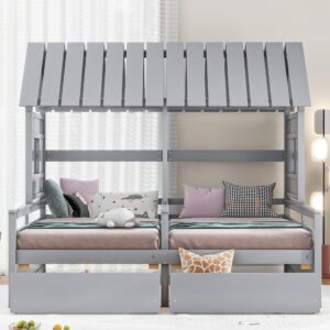 harper & bright designs house bed with 2 twin platform beds for kids,wooden double twin beds with storage drawers and roof, 2 beds in 1 shared beds for girls or boys,no box spring needed,grey