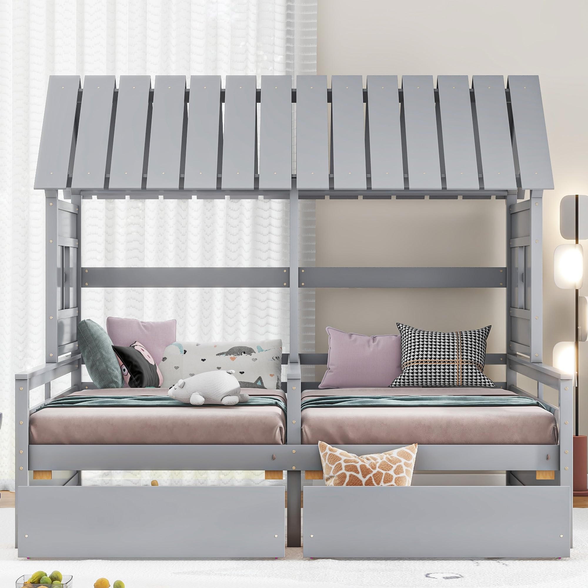 Harper & Bright Designs House Bed with 2 Twin Platform Beds for Kids,Wooden Double Twin Beds with Storage Drawers and Roof, 2 Beds in 1 Shared Beds for Girls or Boys,No Box Spring Needed,Grey