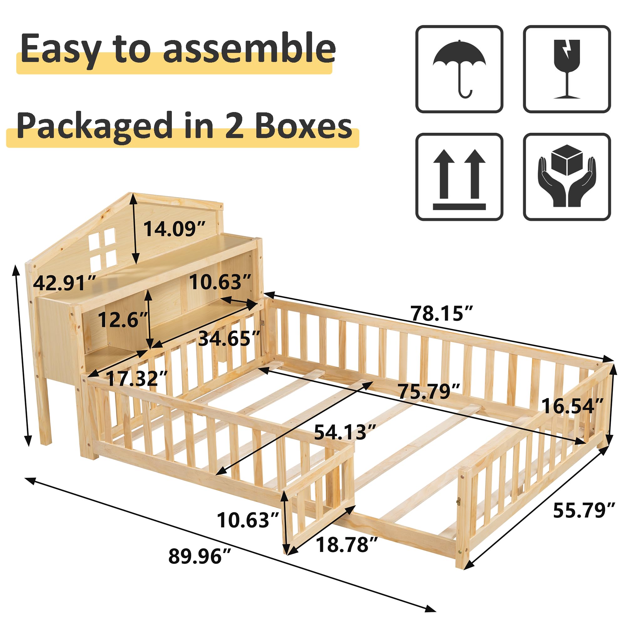 Mirightone Full House Bed with Storage Headboards and Blackboards,Versatile Full Size Platform Beds with Guard Rails,Solid Wood Floor Bed Frame for Kids,Natural