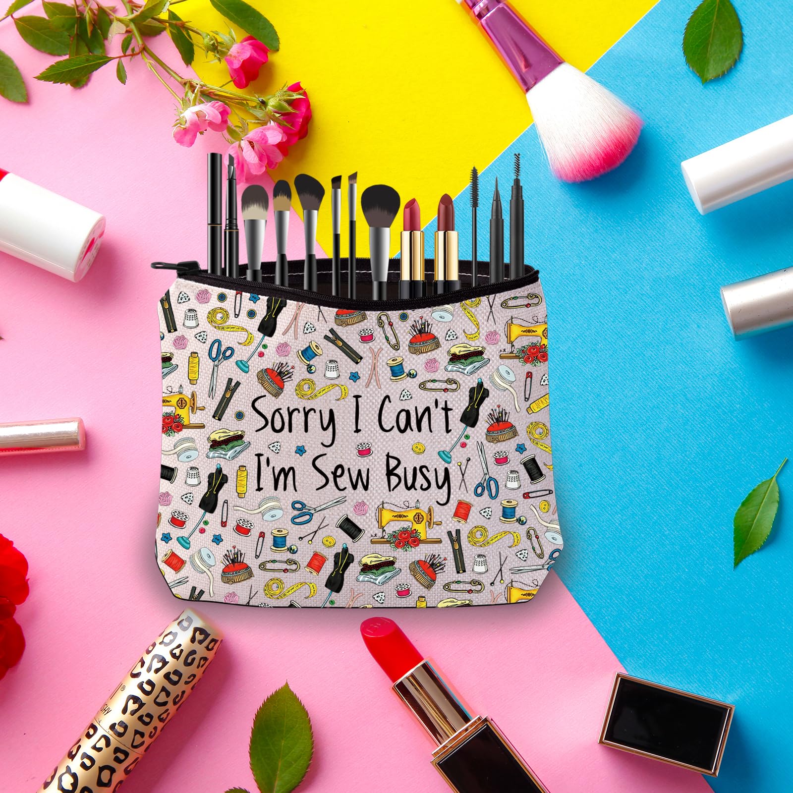 PWHAOO Funny Tailor Makeup Bag Sorry I Can't I'm Sew Busy Cosmetic Bag Knitting Cosmetic Bag Sewing Lover Gift (I'm Sew Busy B)