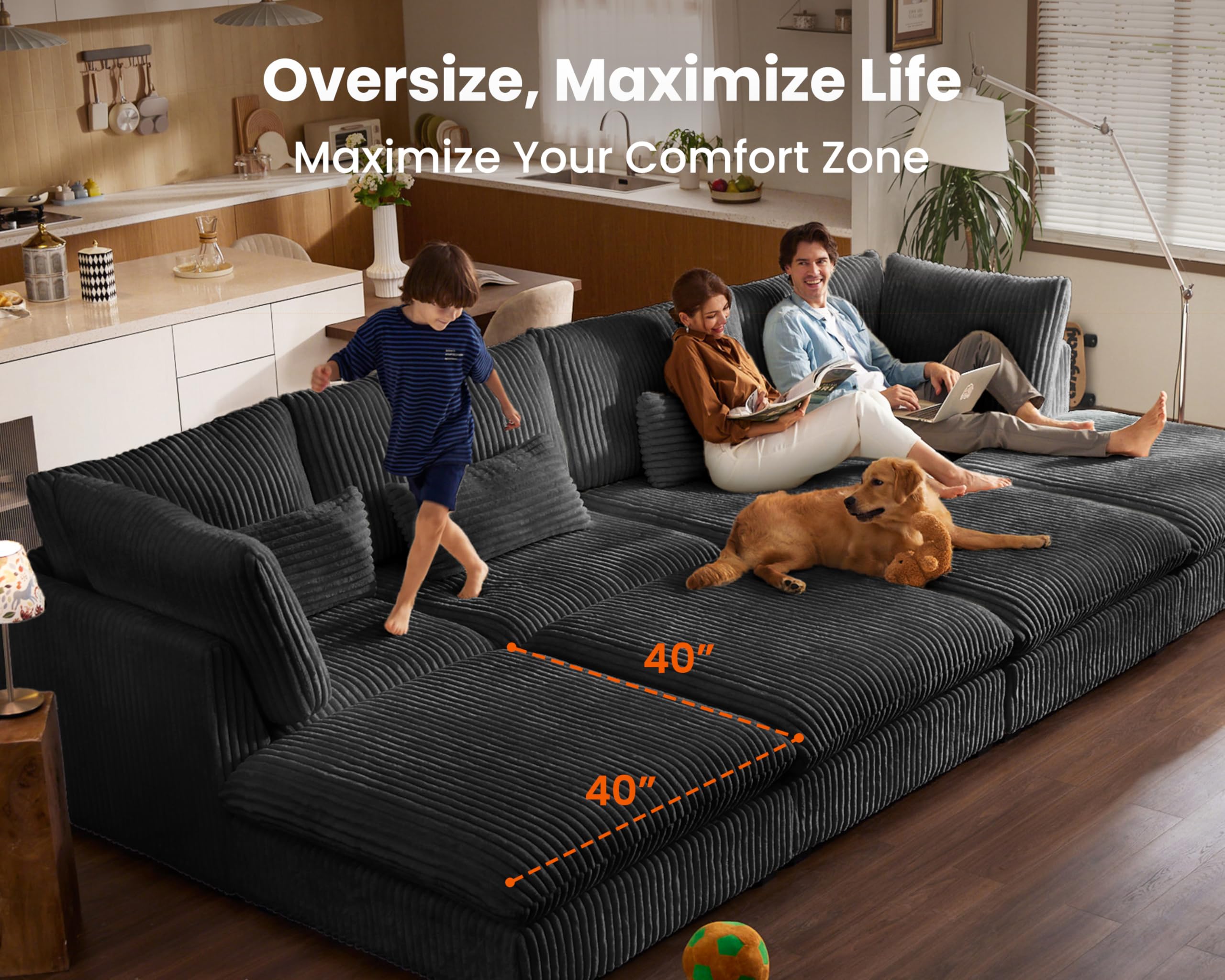 Cloud Oversized Modular Sofa, 160" Corduroy Wide Seat Sectional with Reversible Chaise, Shaped Couches Modern Comfy Fluffy Cushion Sleeper Sofa Bed with Convertible Ottoman for Living Room 6 Seater