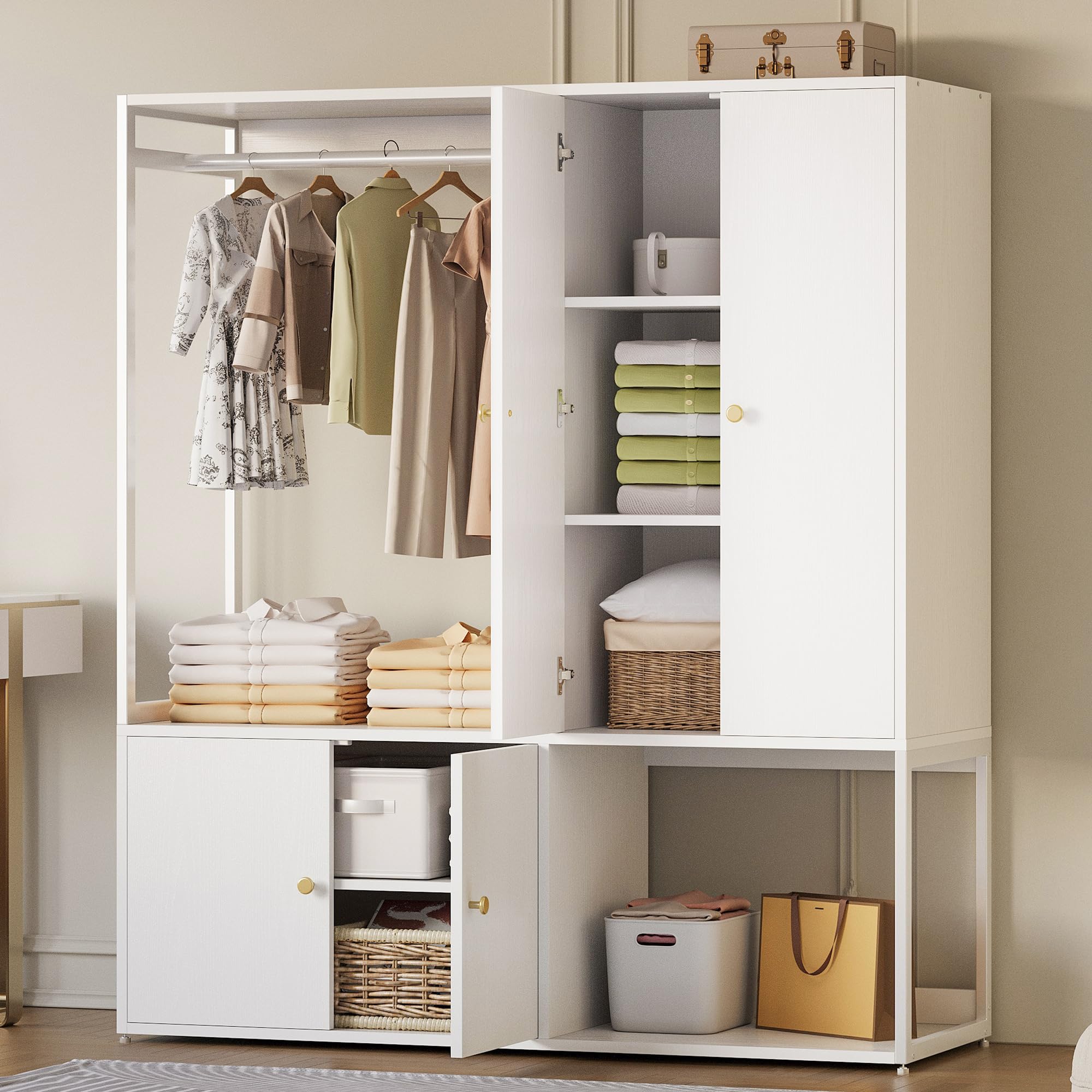 LIKIMIO Wardrobe Closet, White Cabinet with Shelves, Large Armoire Clothing Storage with Hanging Rod for Bedroom, Living/Laundry Room