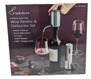 rabbit electric wine tool set - 5-piece wine accessory collection - aerator, corkscrew, cutter, stoppers, charging cables