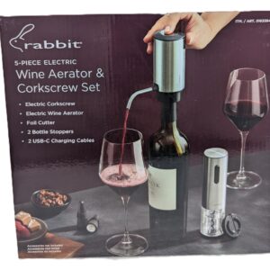 Rabbit Electric Wine Tool Set - 5-Piece Wine Accessory Collection - Aerator, Corkscrew, Cutter, Stoppers, Charging Cables